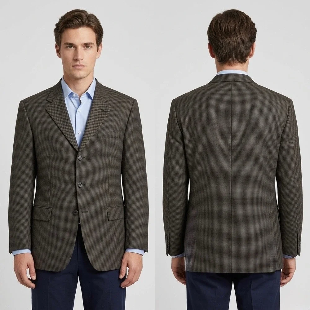 Oscar de la Renta 42R Sport Coat Blazer Brown Micro Houndstooth‎ Wool Cashmere